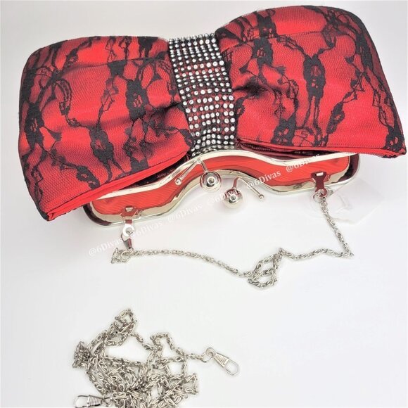 Red Satin Glitter Evening Purse With Large Bow Accent - Picture 2 of 13